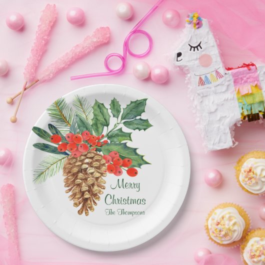 メリークリスマスパインホリーウォーター色のフローラ名 ペーパープレート (パーティー)