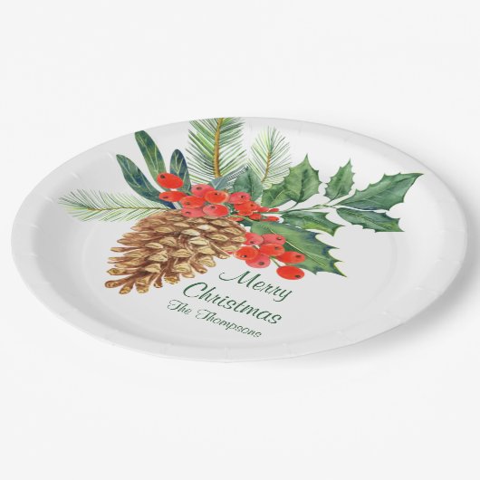 メリークリスマスパインホリーウォーター色のフローラ名 ペーパープレート (アングル)
