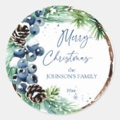 メリークリスマスパインリースブルーウィンターベリー ラウンドシール (正面)