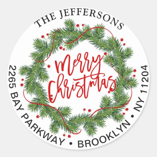 メリークリスマスパインリース差出人住所ラベル ラウンドシール (正面)