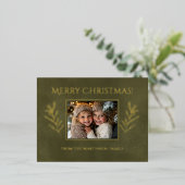 メリークリスマスパイン枝写真緑 箔シーズンポストカード (立ち正面)