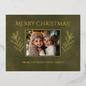 メリークリスマスパイン枝写真緑 箔シーズンポストカード (正面)