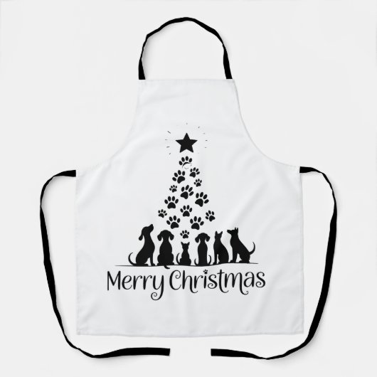メリークリスマスパウツリードッグラバーネコ好きママ エプロン (正面)