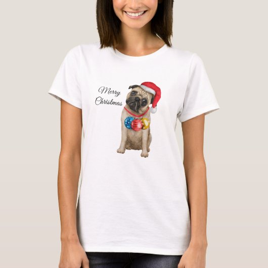 メリークリスマスパグの子犬 Tシャツ (正面)