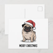 メリークリスマスパグ犬サンタ帽子ホリデーシーズン シーズンポストカード (正面/裏面)