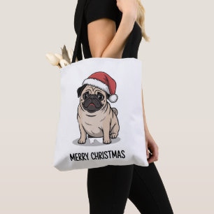 メリークリスマスパグ犬サンタ帽子ホリデーシーズン トートバッグ