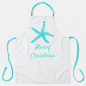 メリークリスマスパステルティール(緑がかった色)ブルースターフィッシュホワイト エプロン (正面)