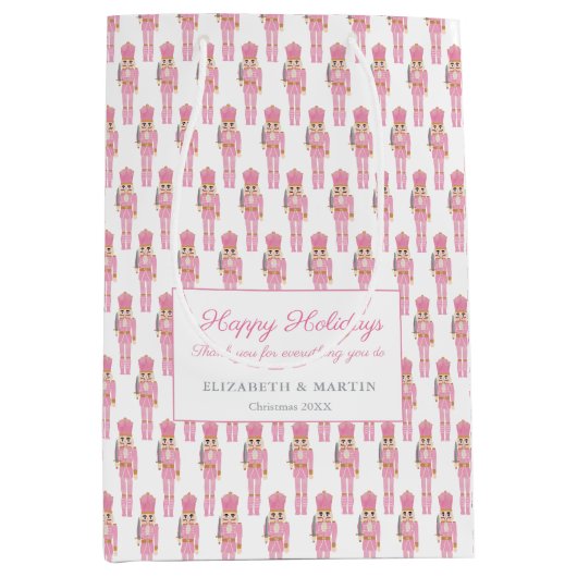 メリークリスマスパステルピンクナツクラッカーホリデー ミディアムペーパーバッグ (正面)