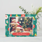 メリークリスマスパターンファミリーフォトティール（緑がかった色）カード 招待状 (スタンド正面)