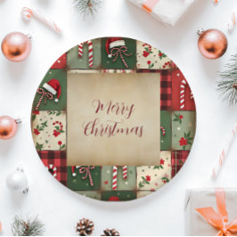 メリークリスマスパッチワークホリデー紙プレート ペーパープレート