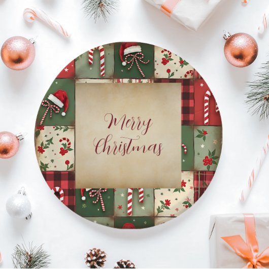 メリークリスマスパッチワークホリデー紙プレート ペーパープレート