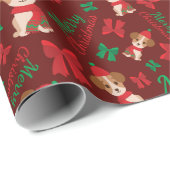 メリークリスマスパピズレッド&グリーン弓シームレス ラッピングペーパー (ロールコーナー)