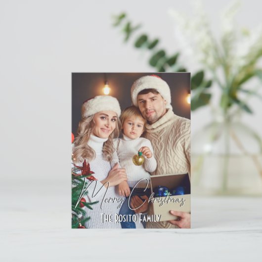 メリークリスマスパーソナライズされたの名前と写真 ポストカード (スタンド正面)