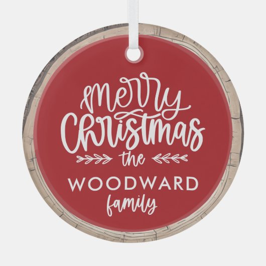 メリークリスマスパーソナライズされたの家族の名前 ガラスオーナメント (正面)