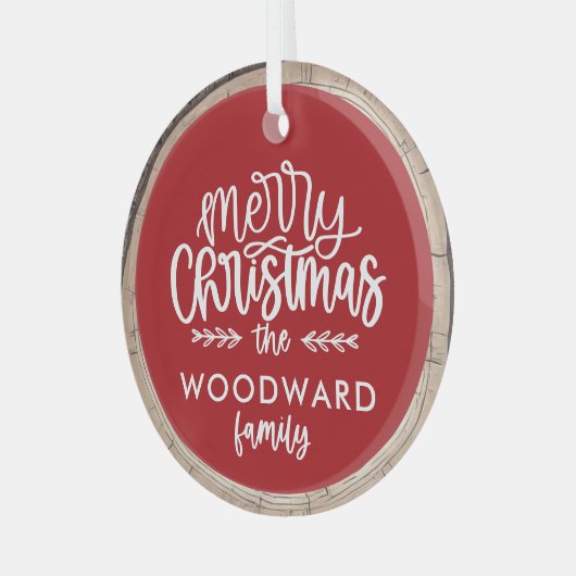 メリークリスマスパーソナライズされたの家族の名前 ガラスオーナメント (正面左)