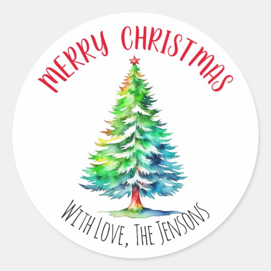 メリークリスマスパーソナライズされたの水彩画 ラウンドシール (正面)