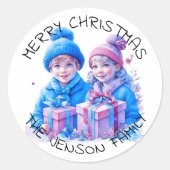 メリークリスマスパーソナライズされたの水彩画 ラウンドシール (正面)