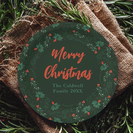 メリークリスマスパーソナライズされたグリーンヤドリギパーティー ペーパープレート