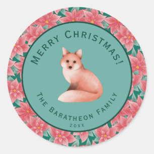 メリークリスマスパーソナライズされたポインセチアキツネ ラウンドシール