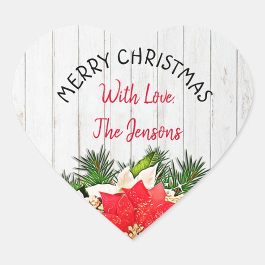 メリークリスマスパーソナライズされたポインセチア ハートシール (正面)