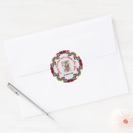 メリークリスマスパーソナライズされた写真赤い緑 ラウンドシール (封筒)
