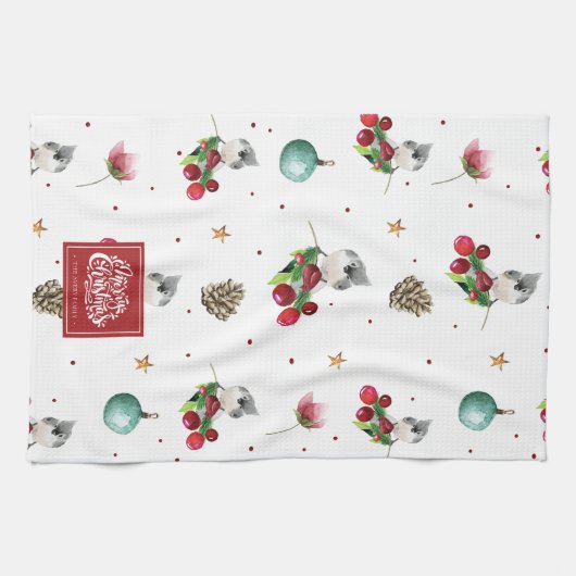 メリークリスマスパーソナライズされた冬の鳥のパターン キッチンタオル (横)