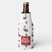 メリークリスマスパーソナライズされた冬の鳥のパターン ボトルクーラー (ボトル正面)