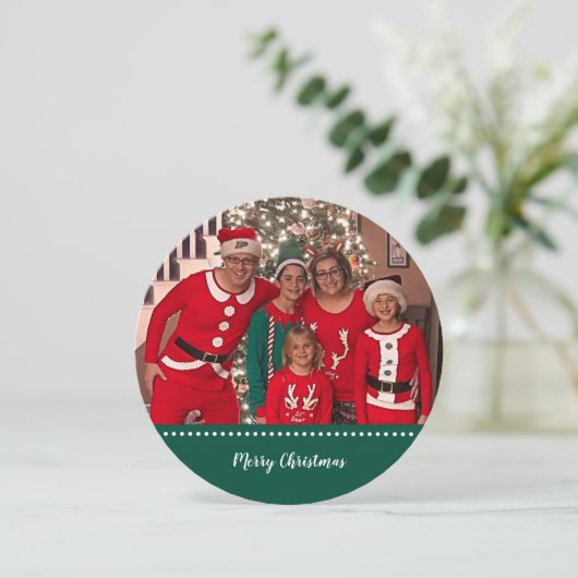 メリークリスマスパーソナライズされた家族写真ラウンド シーズンカード (スタンド正面)