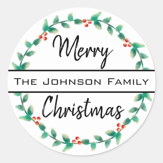 メリークリスマスパーソナルファミリーネームホリーリース ラウンドシール (正面)