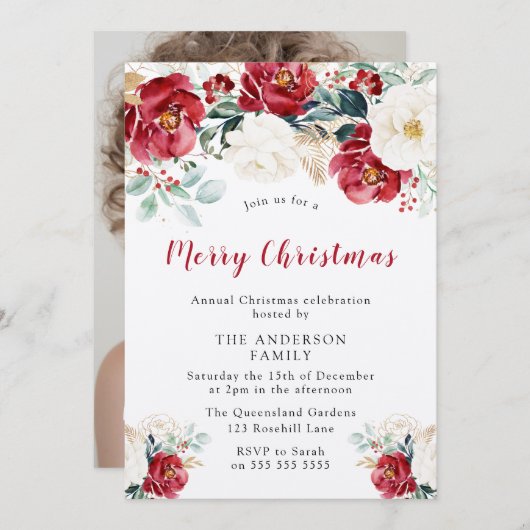 メリークリスマスパーティーきらめくブルゴーニュ赤い花 招待状 (正面/裏面)
