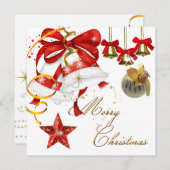 メリークリスマスパーティーホワイト金ゴールドレッドクリスマスグリッター 招待状 (正面/裏面)