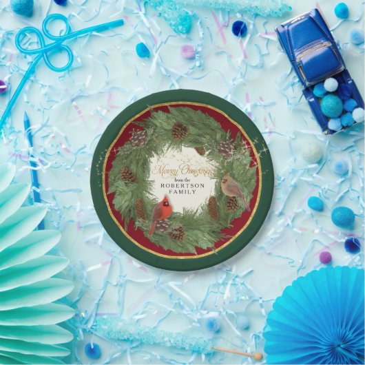 メリークリスマスパーティー深紅色パインコーンリース ペーパープレート (パーティー)