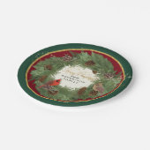 メリークリスマスパーティー深紅色パインコーンリース ペーパープレート (アングル)