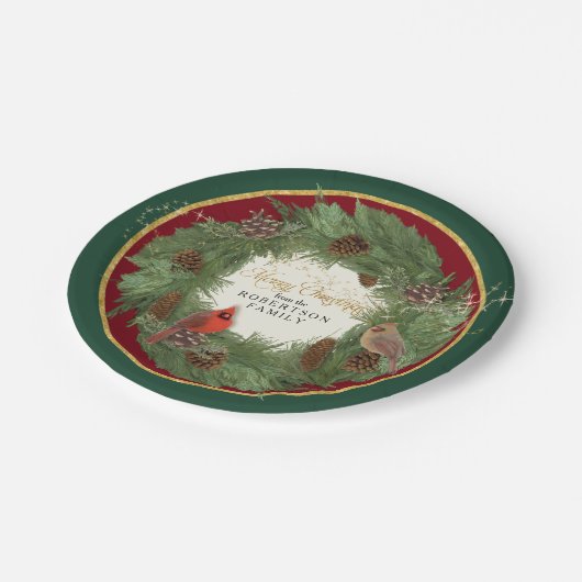 メリークリスマスパーティー深紅色パインコーンリース ペーパープレート (アングル)