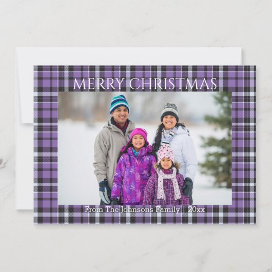 メリークリスマスパープルのシックなタータンチェック家族の写真 シーズンカード (正面)