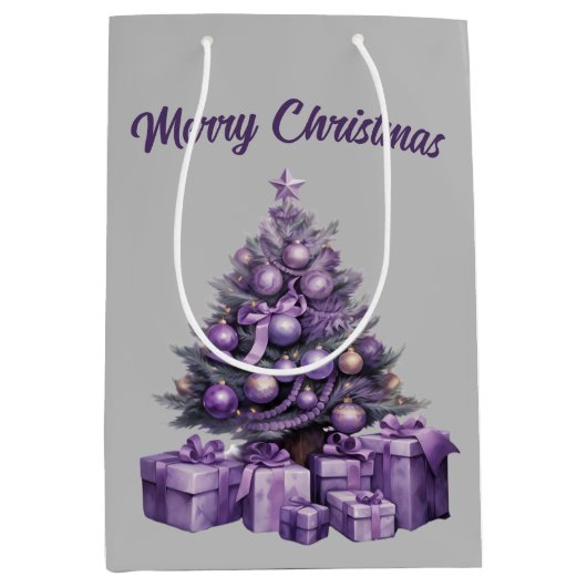 メリークリスマスパープルクリスマスツリー ミディアムペーパーバッグ (正面)