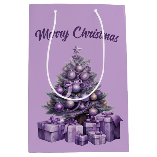 メリークリスマスパープルクリスマスツリー ミディアムペーパーバッグ (正面)
