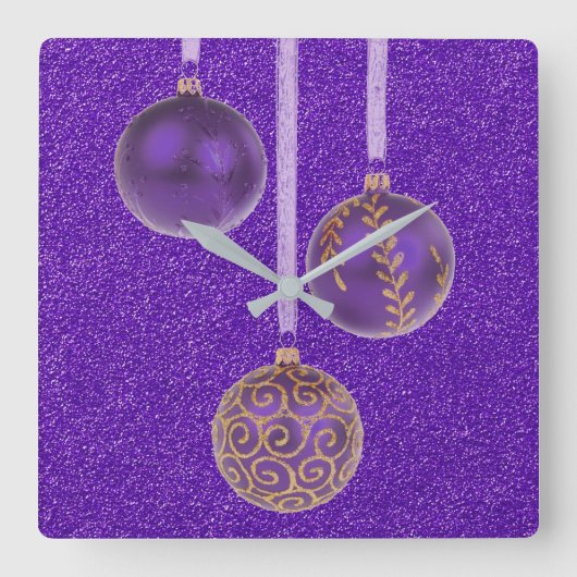 メリークリスマスパープルグリッターボーエレガントブル スクエア壁時計 (正面)