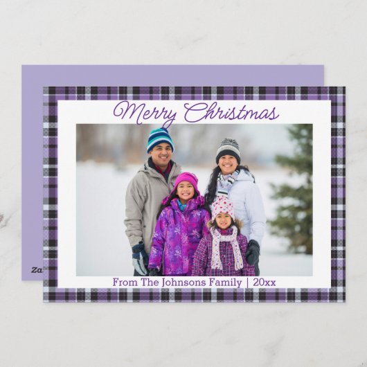 メリークリスマスパープルタータンチェックの家族写真 シーズンカード (正面/裏面)