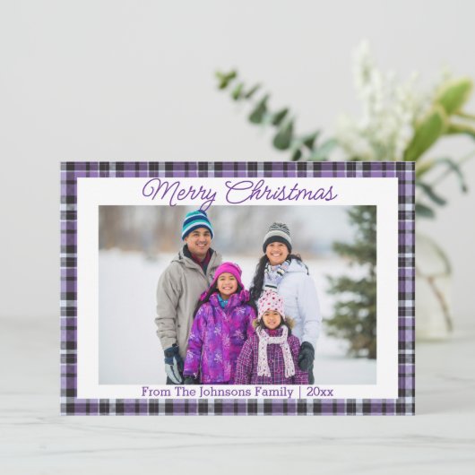 メリークリスマスパープルタータンチェックの家族写真 シーズンカード (スタンド正面)