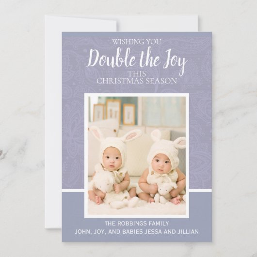 メリークリスマスパープルペイズリーレースツインガールボーイ シーズンカード (正面)