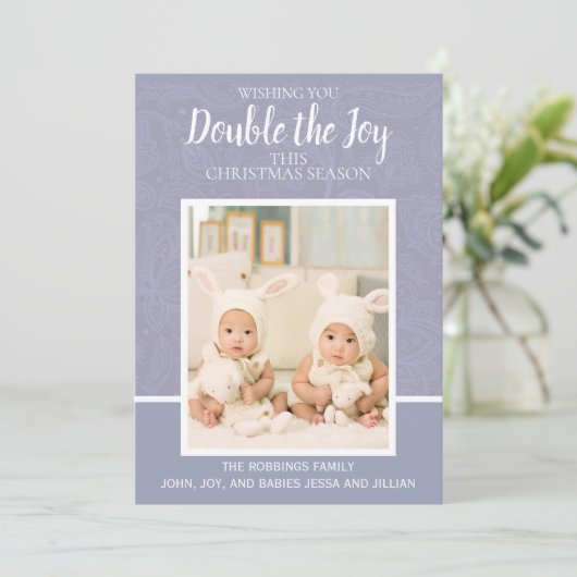 メリークリスマスパープルペイズリーレースツインガールボーイ シーズンカード (スタンド正面)