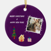 メリークリスマスパープル家族の写真 セラミックオーナメント (正面)