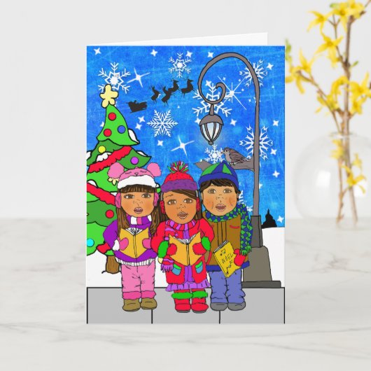 メリークリスマスヒスパニック子供たちカロラーズホリデー カード (黄色い花)