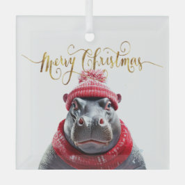 メリークリスマスヒッポサンタハットとスカーフ ガラスオーナメント