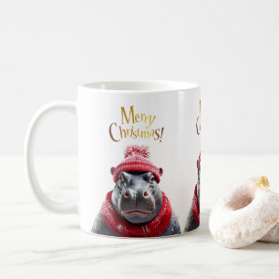 メリークリスマスヒッポサンタハットとスカーフ コーヒーマグカップ