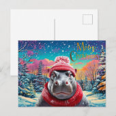 メリークリスマスヒッポサンタハットとスカーフ シーズンポストカード (正面/裏面)
