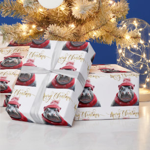 メリークリスマスヒッポサンタハットとスカーフ ラッピングペーパー