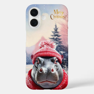 メリークリスマスヒッポサンタハットとスカーフ iPhone 16ケース
