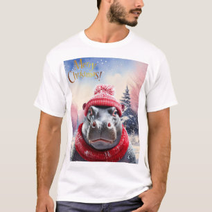 メリークリスマスヒッポサンタハットとスカーフ Tシャツ